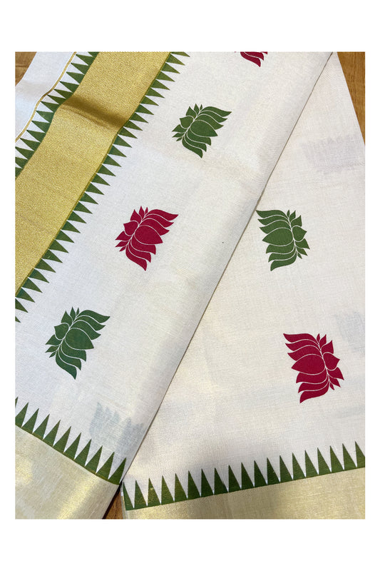 Kerala Tissue Kasavu Saree with Olive Green and Maroon Lotus Block Prints