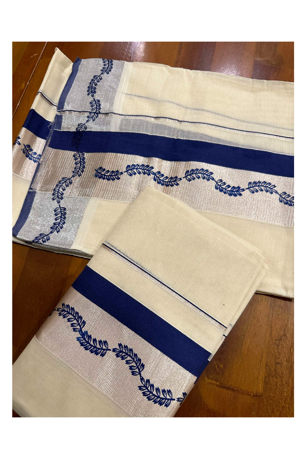 Kerala Cotton Single Set Mundu (Mundum Neriyathum) with Blue Block Prints and Silver Kasavu Border 2.80 Mtrs (Onam set Mundu 2023)