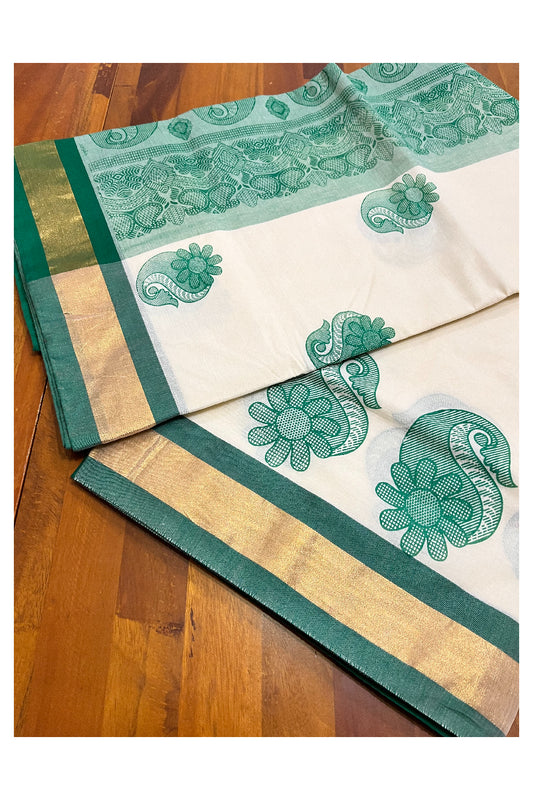 Pure Cotton Kerala Saree with Green Block Prints and Kasavu Border (Vishu 2024 Collection)