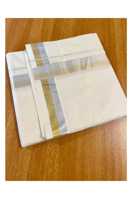 Kerala Cotton Double Mundu with Silver and Golden Kasavu Lines Border (South Indian Kerala Dhoti)