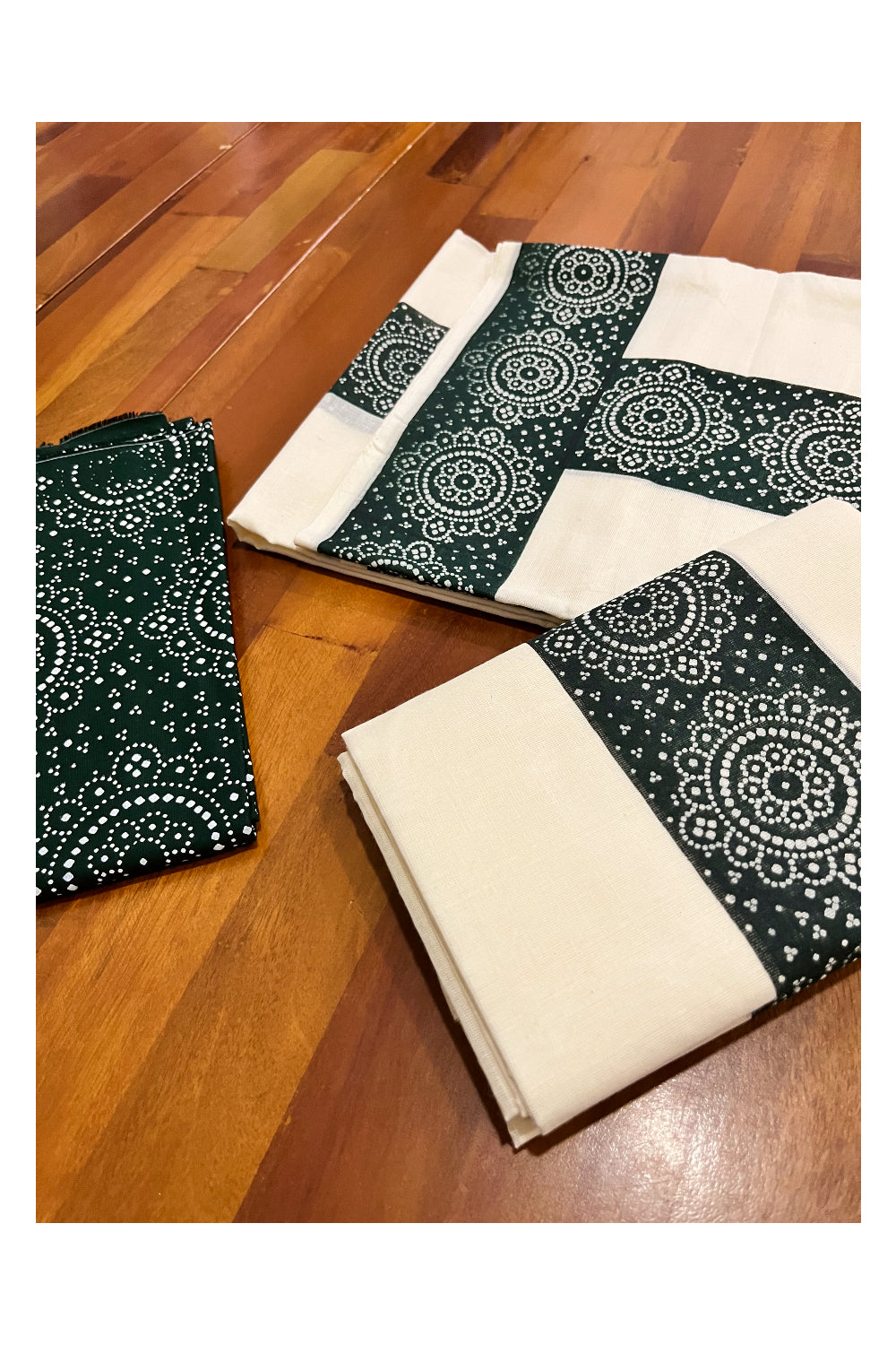 Kerala Cotton Set Mundu (Mundum Neriyathum) with Dark Green Block Prints and Seperate Blouse Piece