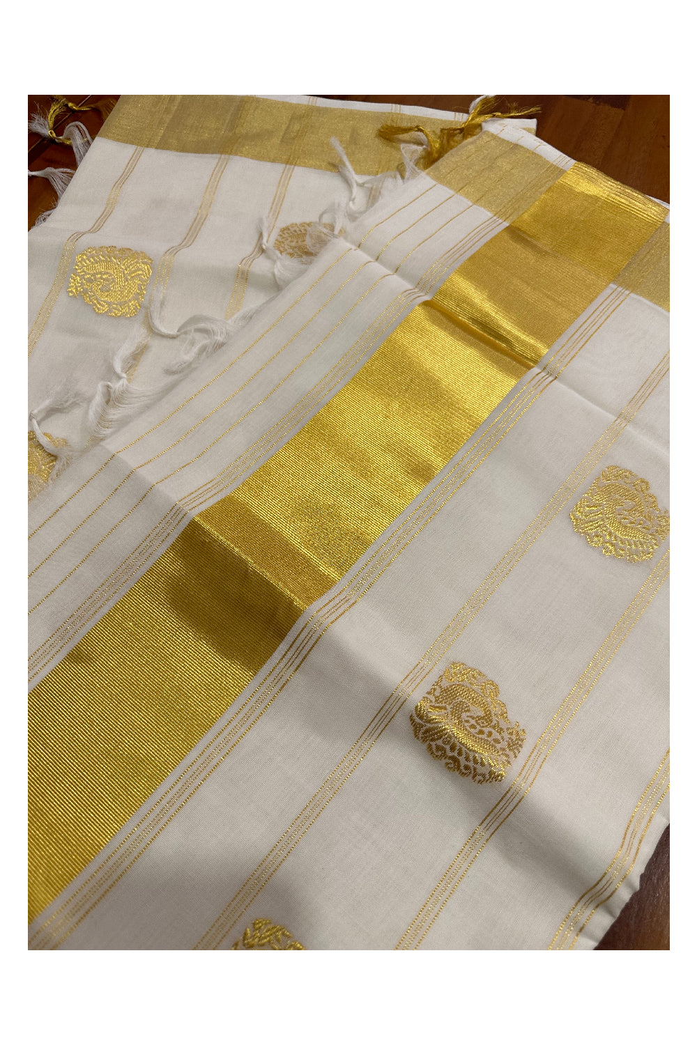 Southloom Premium Handloom Cotton Saree with Kasavu Peacock Woven Motifs
