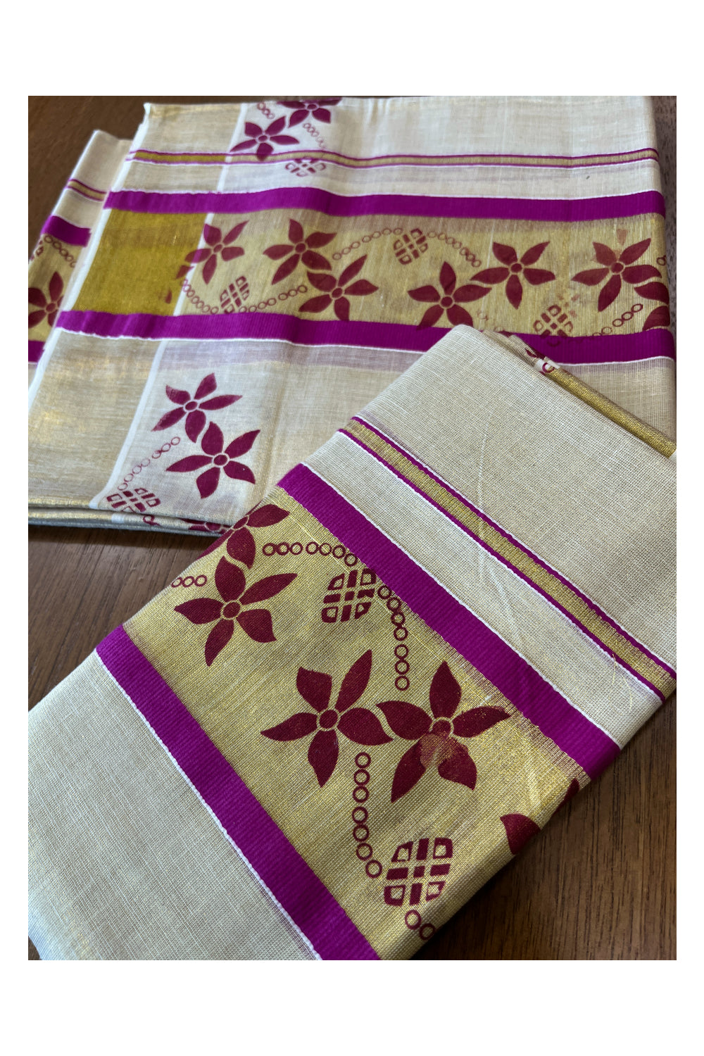 Kerala Tissue Set Mundu (Mundum Neriyathum) with Magenta Floral Block Prints on Border 2.80 Mtrs