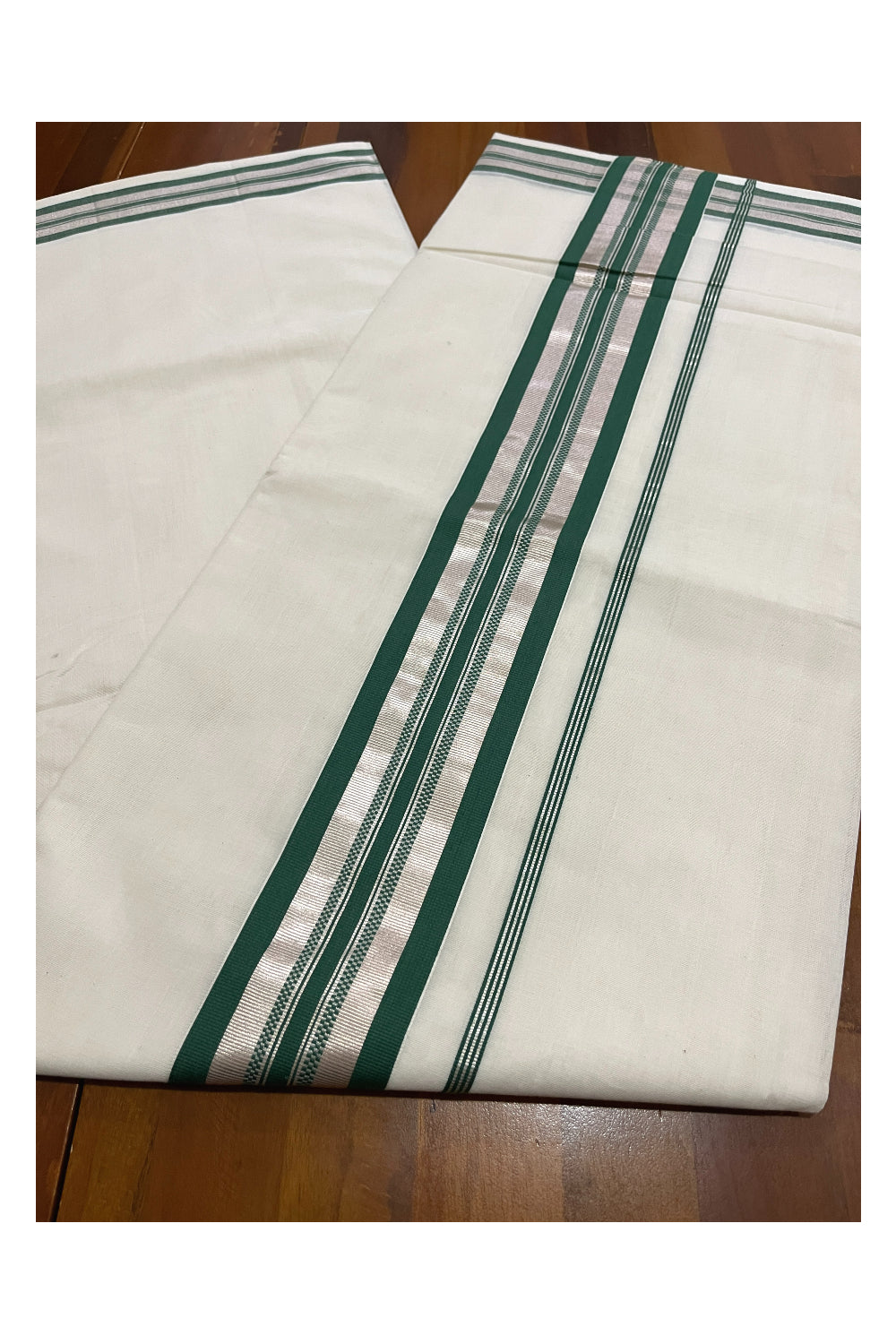 Southloom™ Handloom Premium Kerala Saree with Green and Silver Kasavu Border