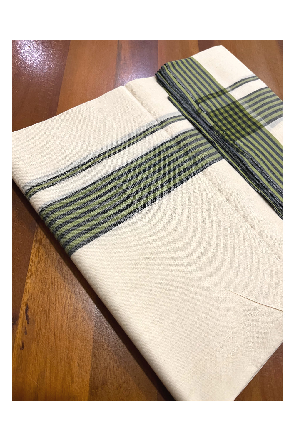 Pure Cotton Off White 100x100 Double Mundu with Green Black Border (South Indian Kerala Dhoti)