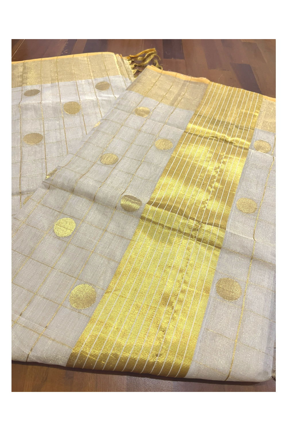 Southloom Premium Handloom Tissue Check Design Saree with Golden Polka Work Across Body