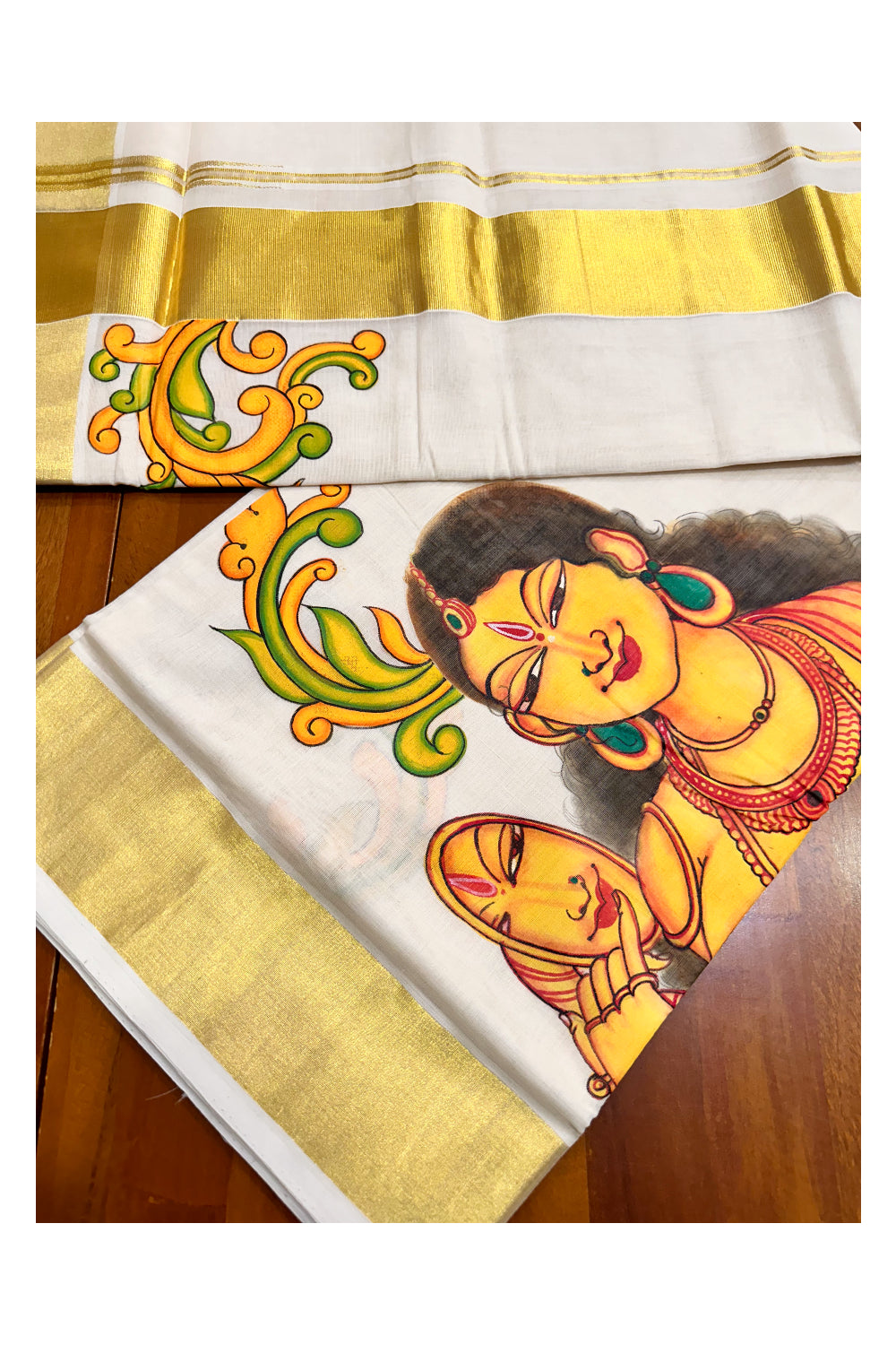 Southloom™ Premium Handloom Kerala Kasavu Saree With Hand Painted Mural Lady Design (Vishu 2024 Collection)