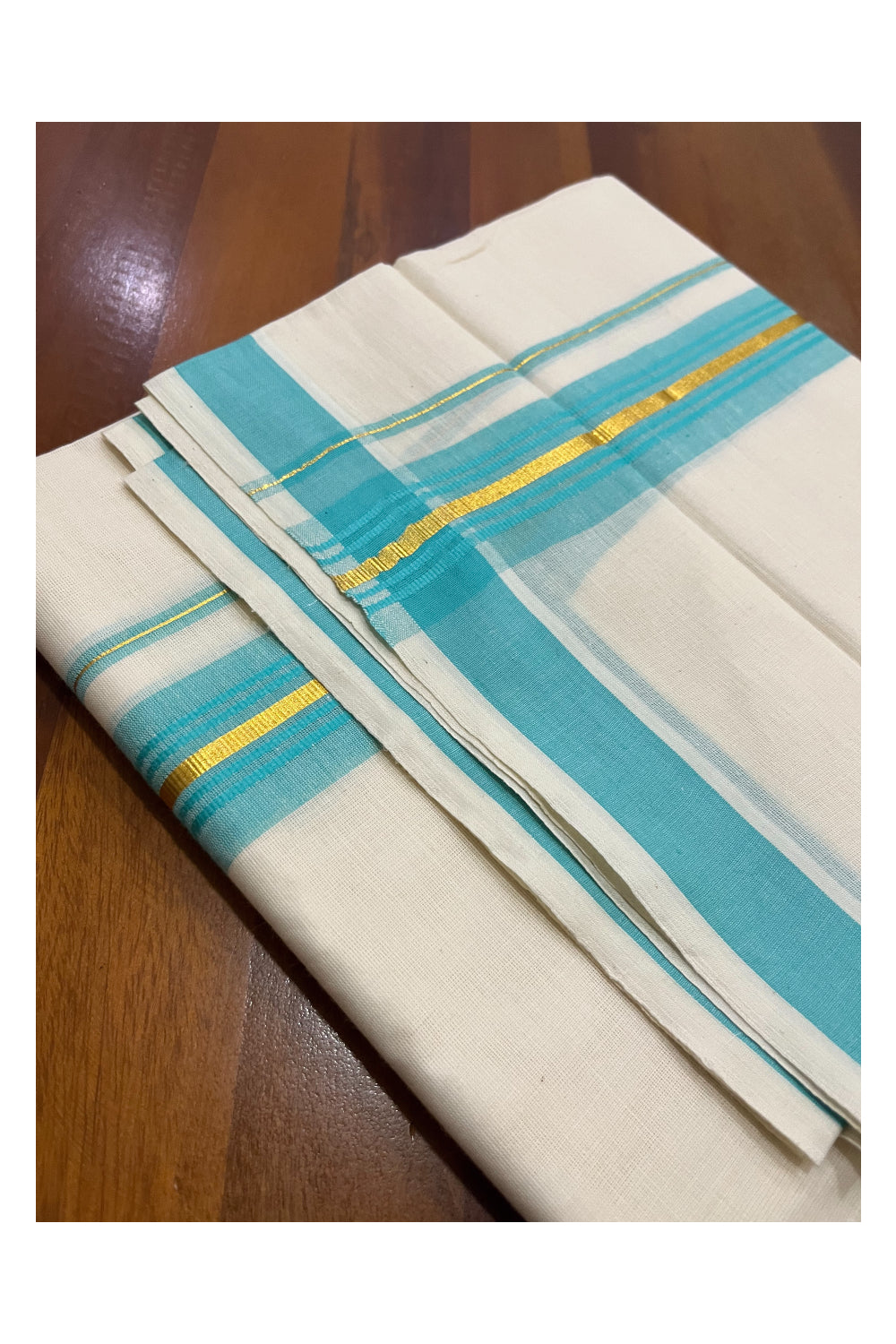 Pure Cotton Kerala Double Mundu with Turquoise and Kasavu Kara (South Indian Kerala Dhoti)