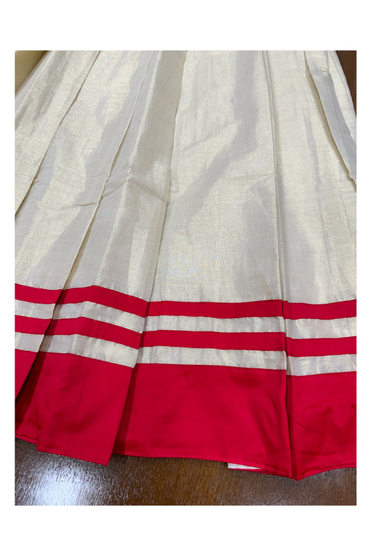 Southloom Semi Stitched Tissue Dhavani Set with Red Border and Red Blouse Piece