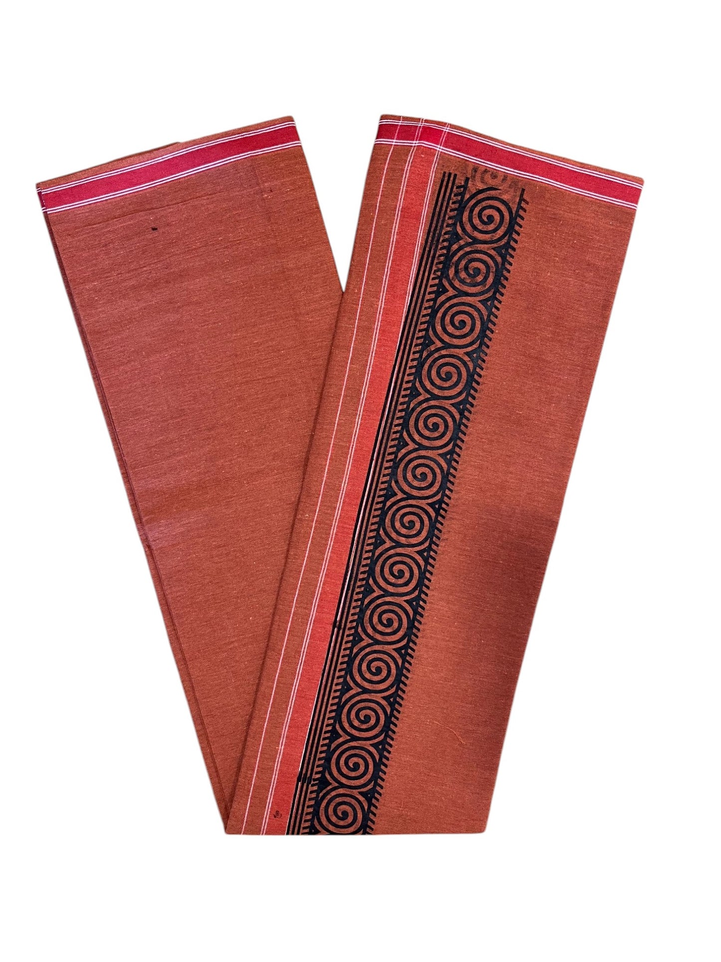 Southloom Saffron (Kaavi) Black Printed Single Mundu / Lungi (South Indian Kerala Dhoti)