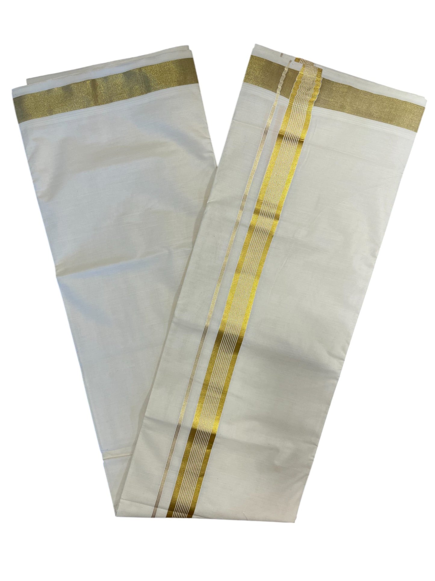 Pure Cotton Off White Double Mundu with Kasavu Lines Kara (South Indian Kerala Dhoti)