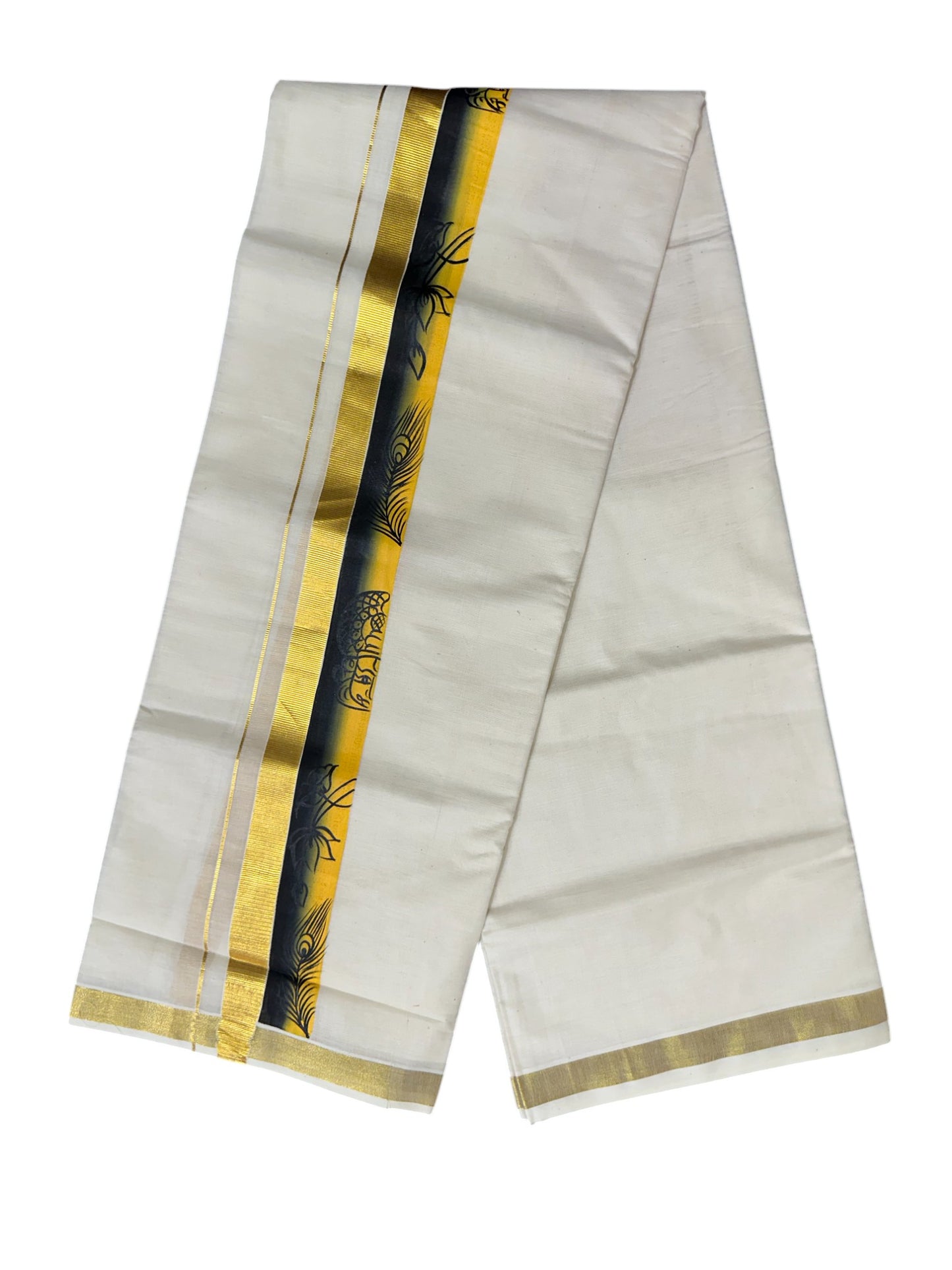 Kerala Pure Cotton Double Mundu with Hand Painted Designs on Kasavu Border(South Indian Kerala Dhoti)