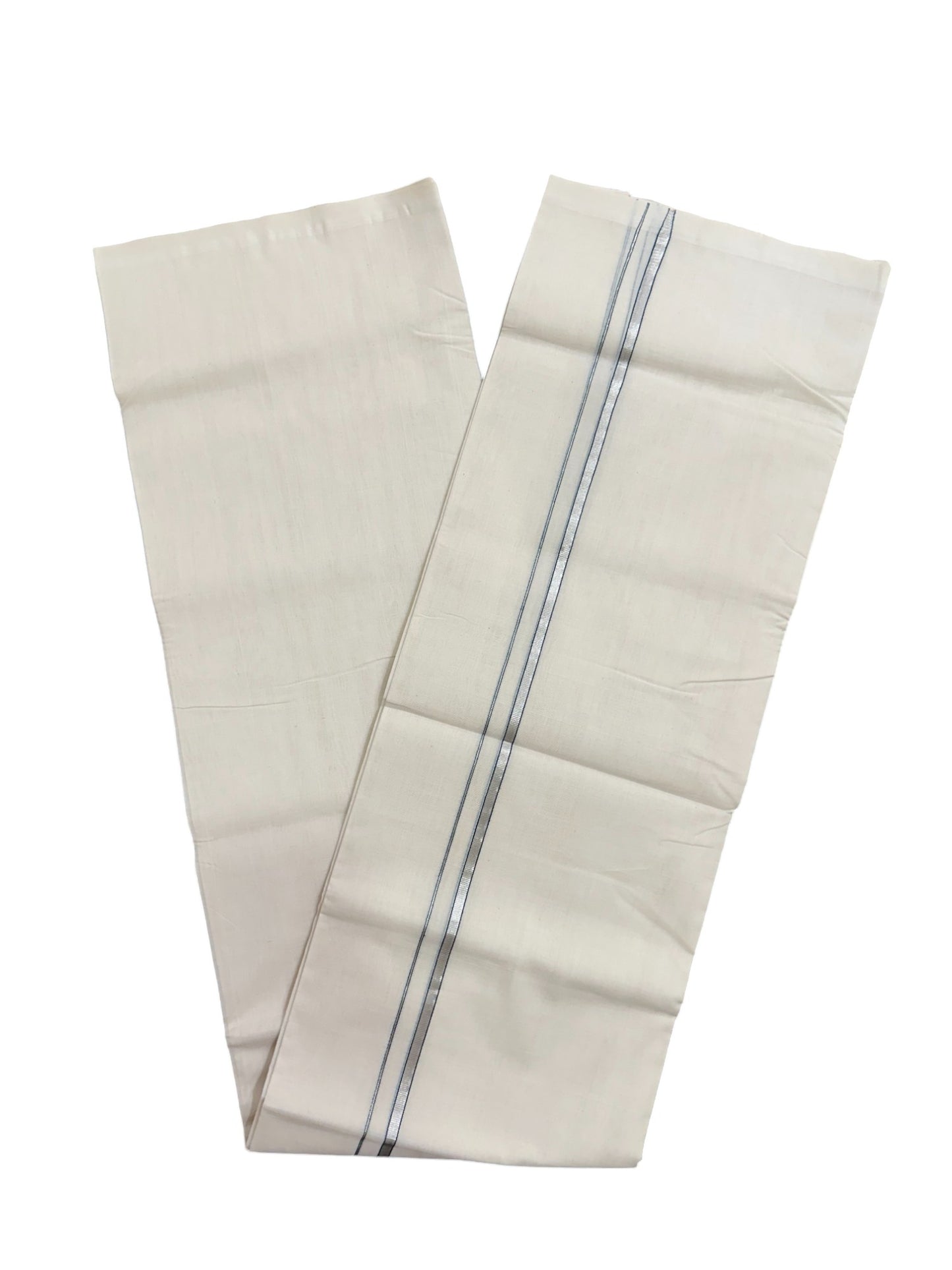 Premium Balaramapuram Handloom Unakkupaavu 0.5 inch Double Mundu with Silver Kasavu and Green Kara