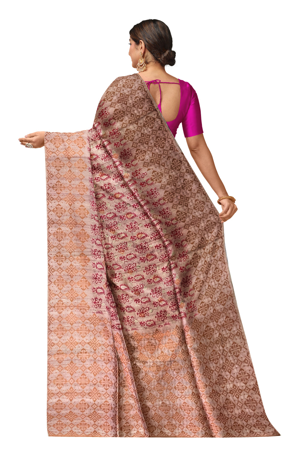 Southloom Semi Tussar Pink Floral Woven Designer Saree with Copper Border