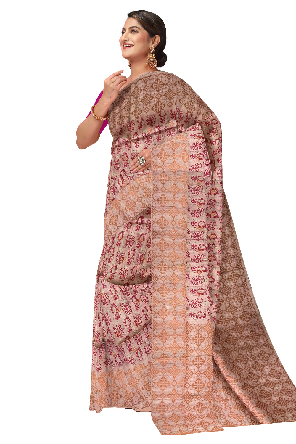 Southloom Semi Tussar Pink Floral Woven Designer Saree with Copper Border