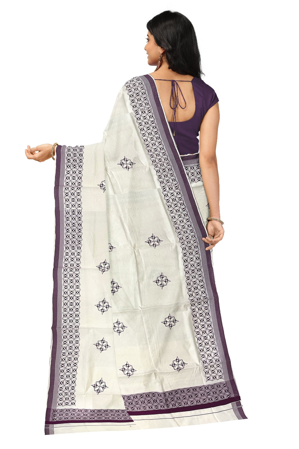 Pure Cotton Off White Kerala Saree with Purple Block Printed Border (Onam Saree 2023)