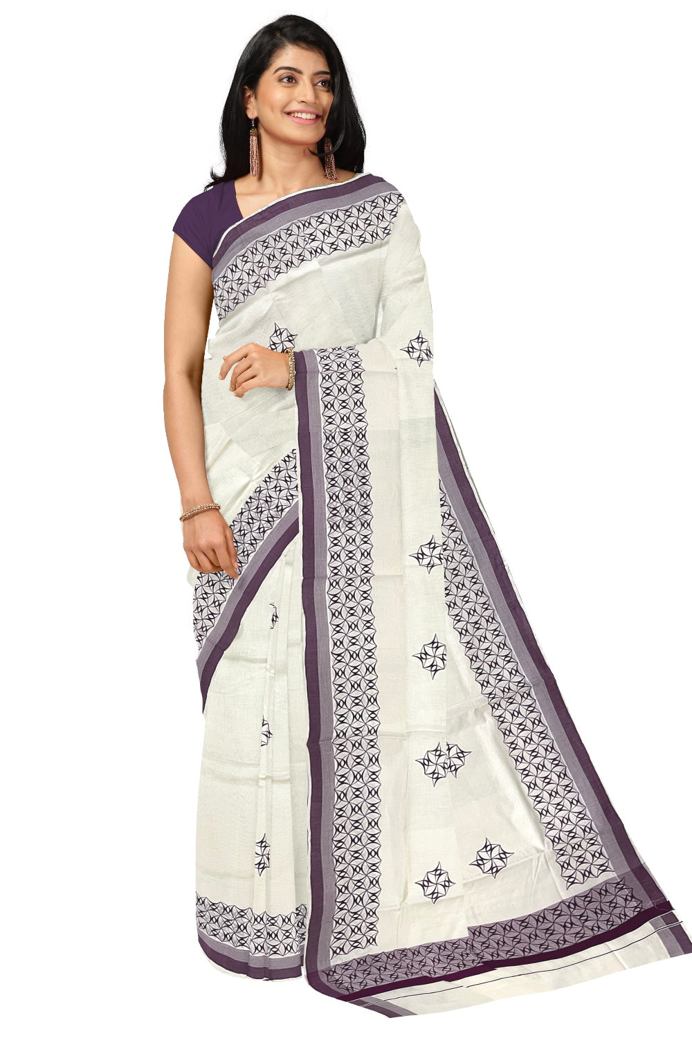 Pure Cotton Off White Kerala Saree with Purple Block Printed Border (Onam Saree 2023)