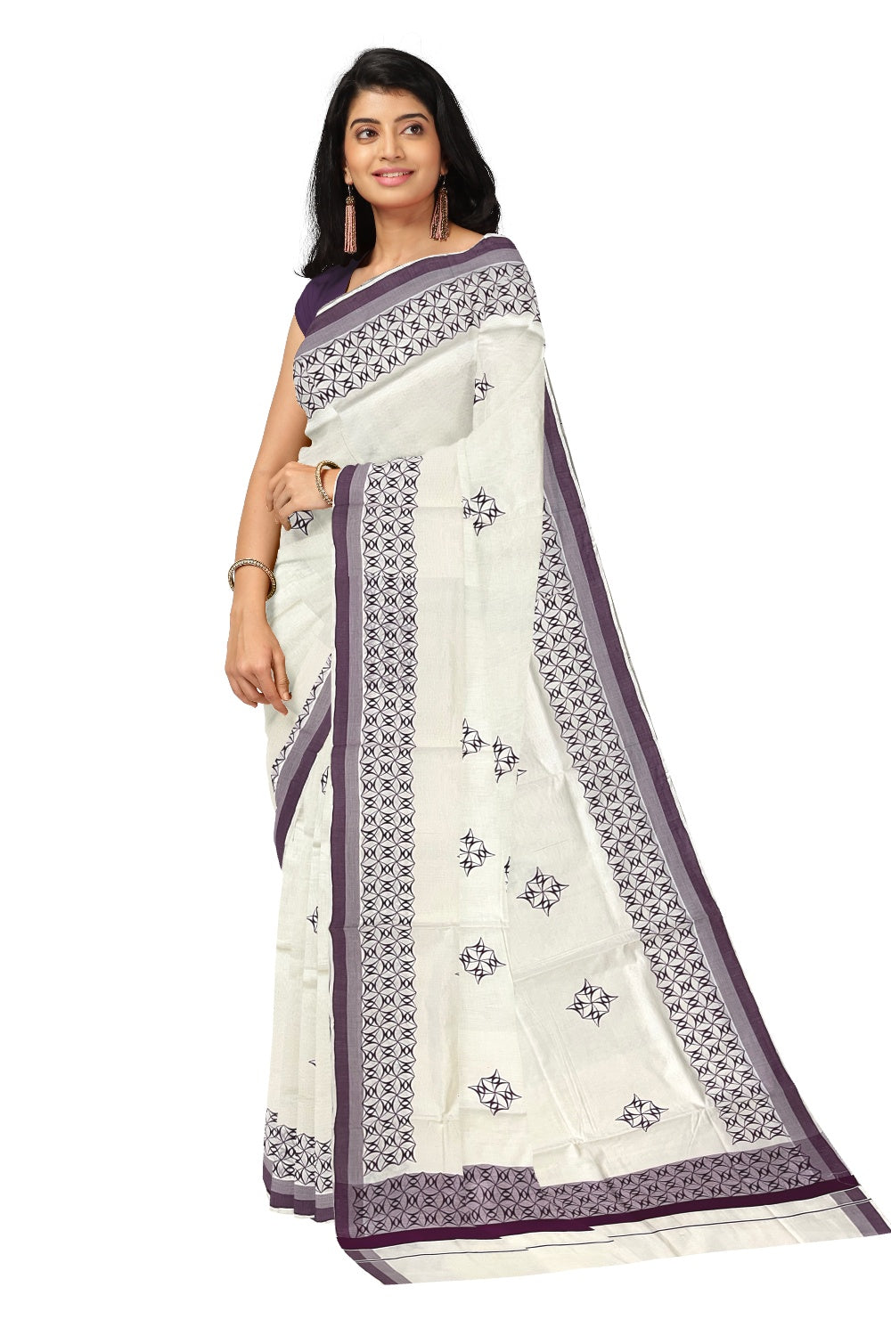 Pure Cotton Off White Kerala Saree with Purple Block Printed Border (Onam Saree 2023)