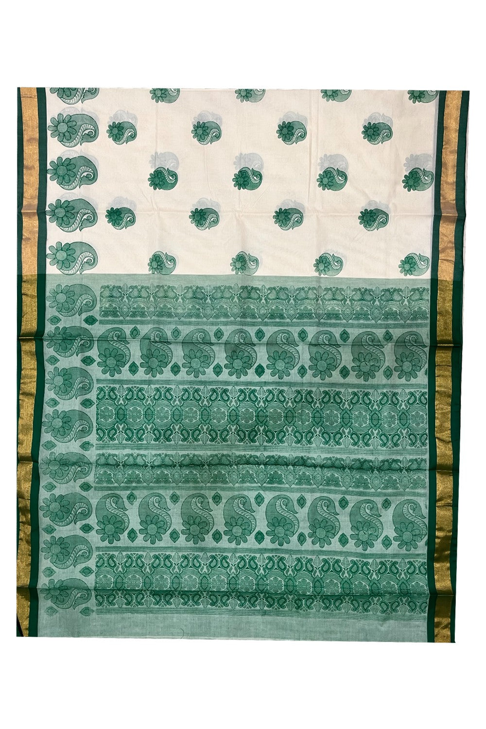 Pure Cotton Kerala Saree with Green Block Prints and Kasavu Border (Vishu 2024 Collection)