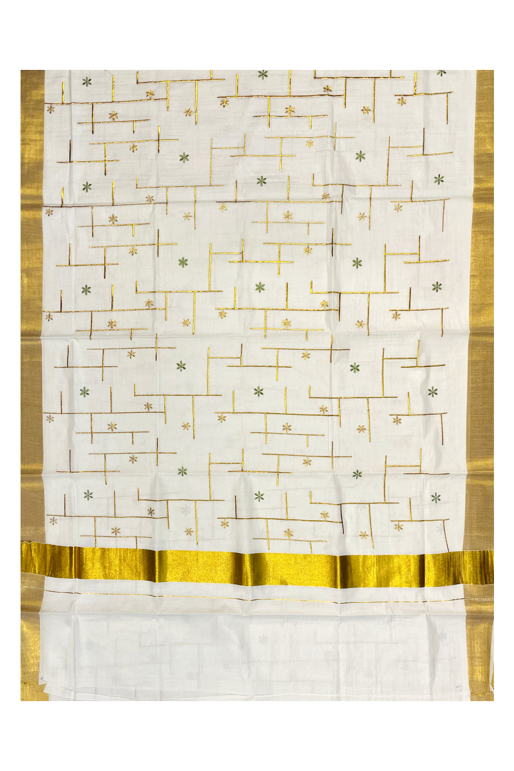 Southloom Kerala Cotton Kasavu Saree with Green and Golden Floral Embroidery Designs