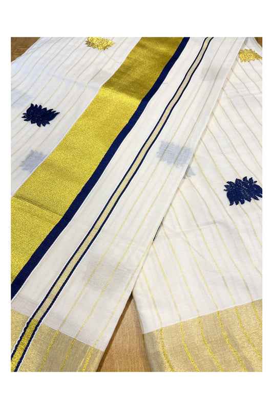 Kerala Cotton Kasavu Lines Saree with Blue And Golden Lotus Embroidery Works