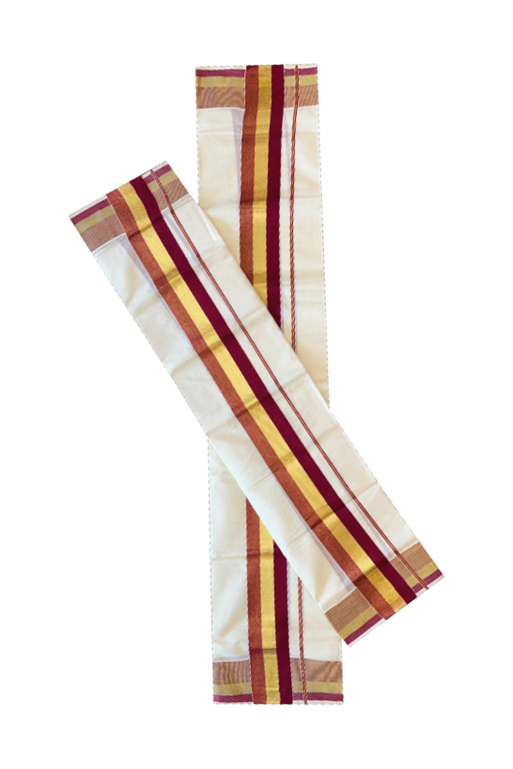 Cotton Mundum Neriyathum Double (Set Mundu) with Maroon and Kasavu Border 2.80 Mtrs