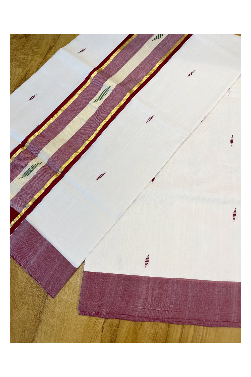 Southloom Premium Balaramapuram Unakkupaavu Handloom Cotton Butta Saree with Kasavu and Maroon Border