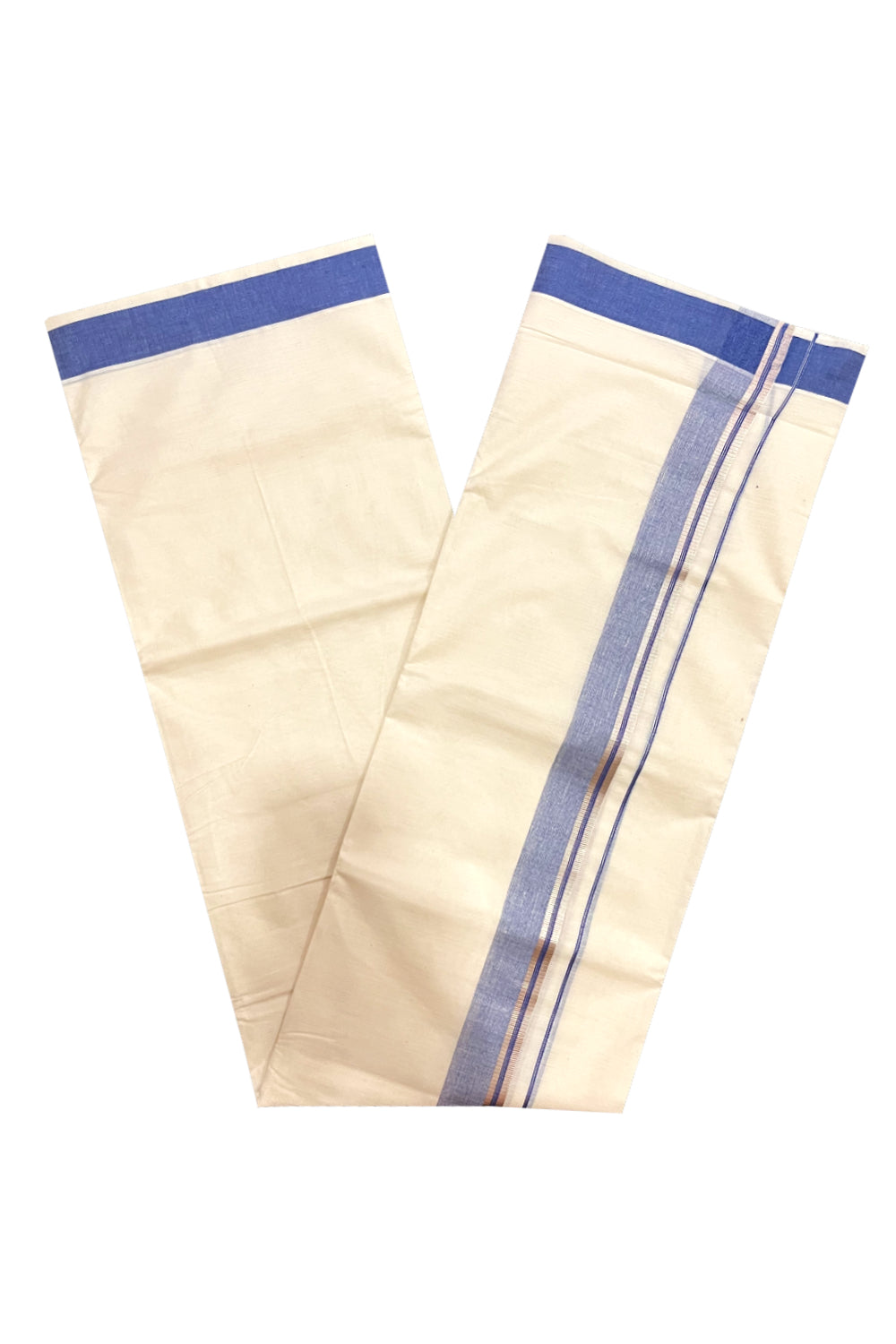 Kerala Cotton Double Mundu with Blue and Silver Kasavu Border (Onam Mundu 2023)