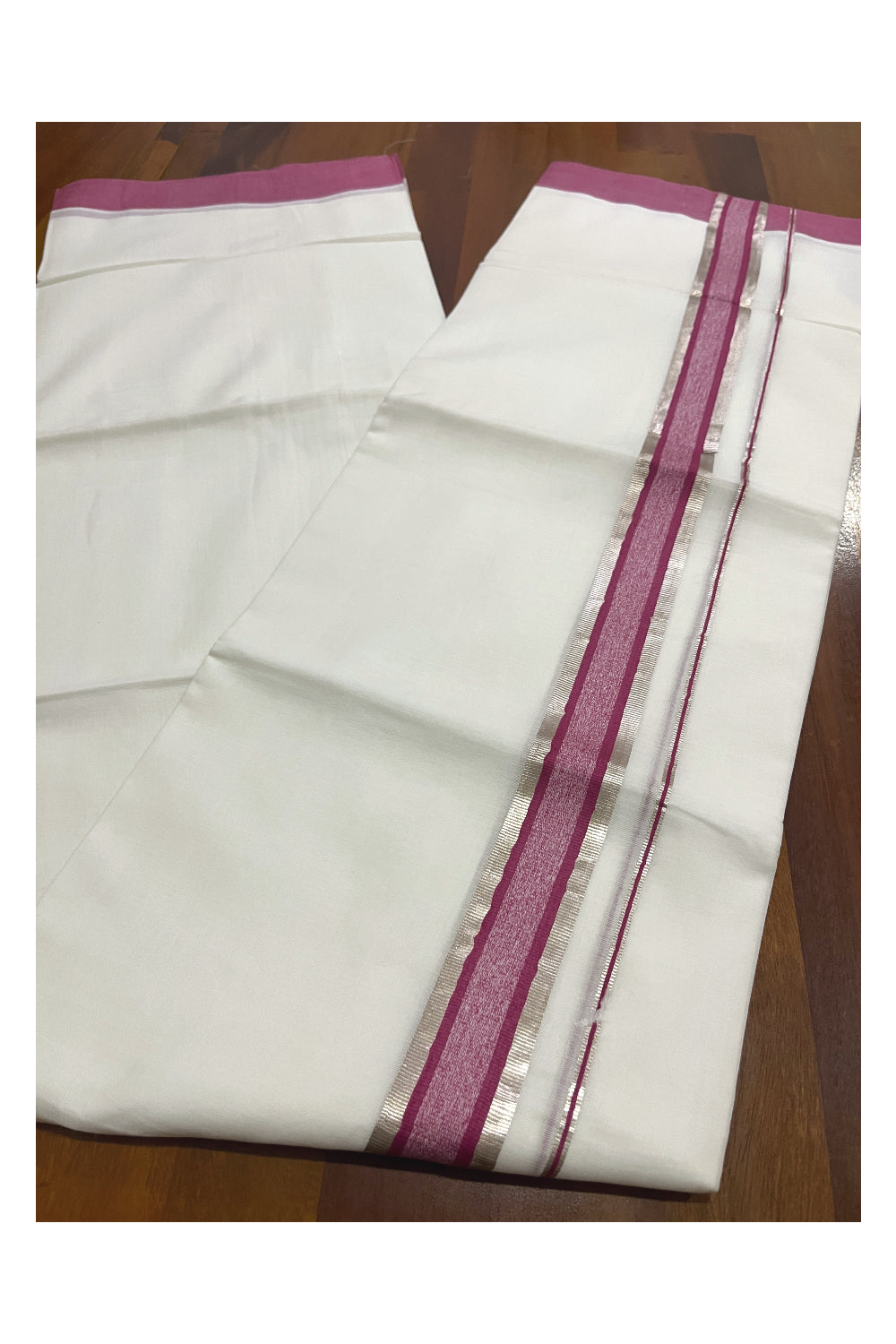 Pure White Cotton Double Mundu with Magenta and Silver Kasavu Border (South Indian Kerala Dhoti)