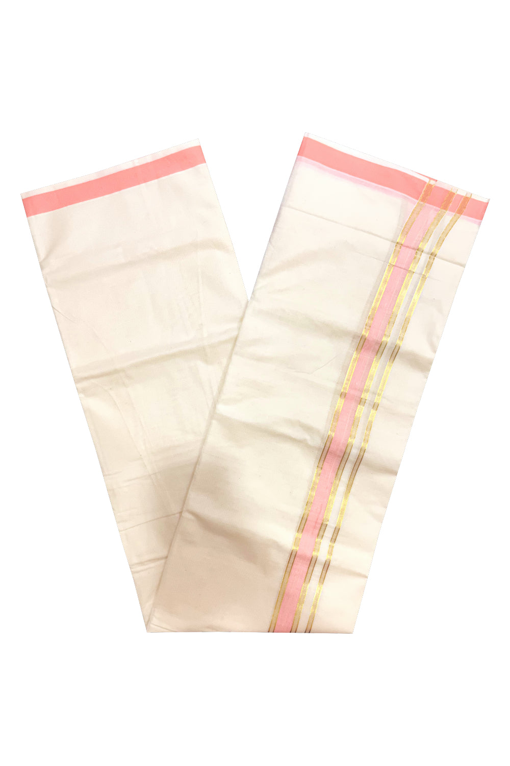 Kerala Cotton Double Mundu with Peach and Kasavu Border (Onam Mundu 2023)