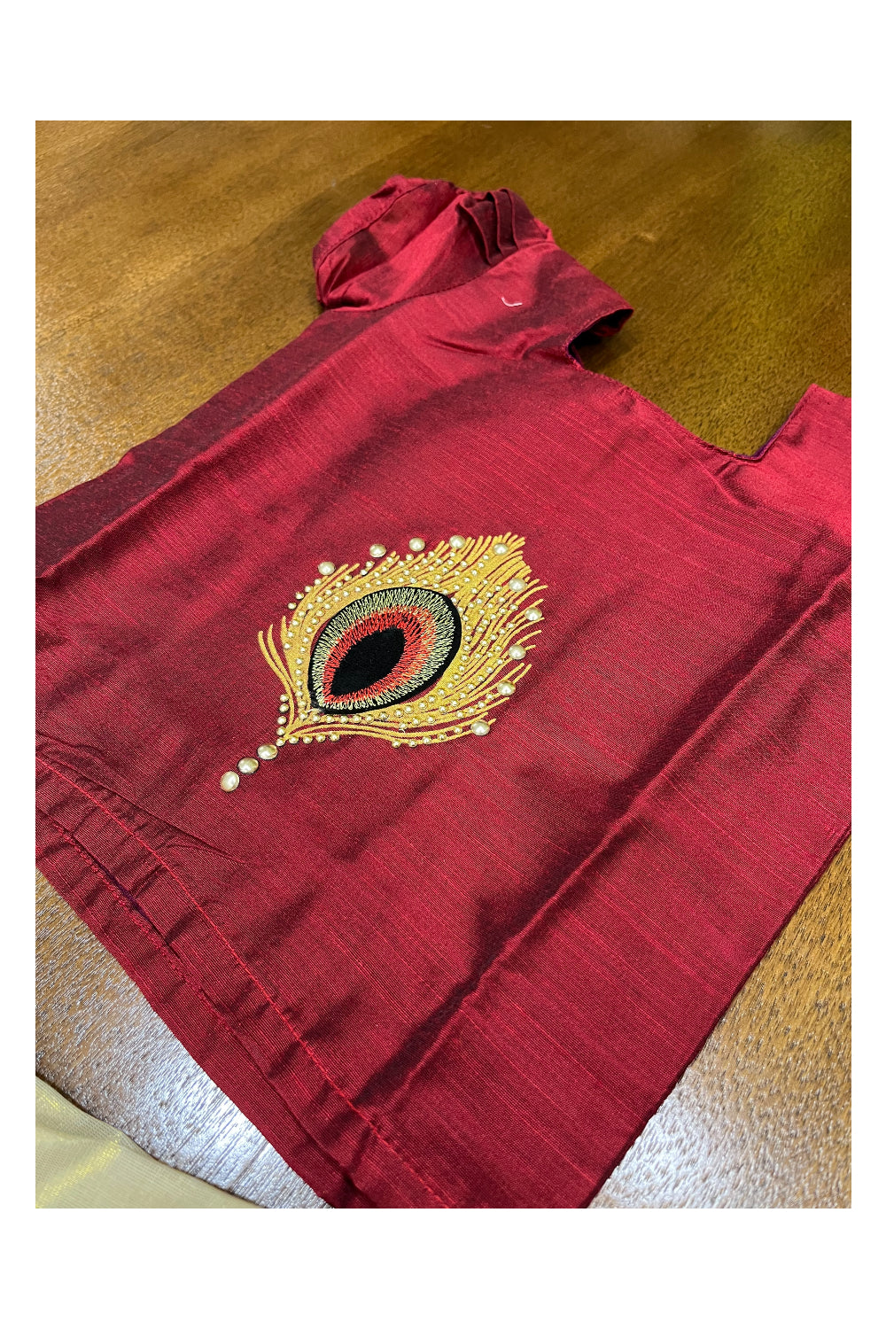 Southloom Kerala Pavada Blouse with Maroon Peacock Feather Bead Work Design (Age - 2 Year)