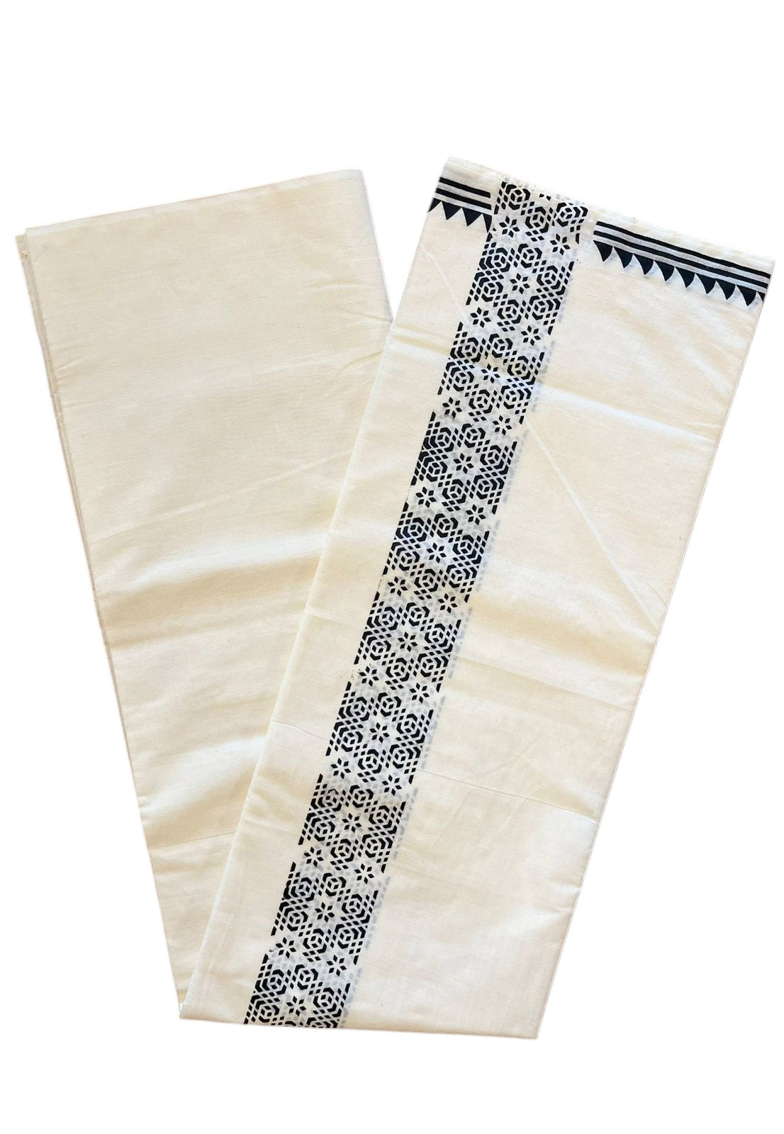 Pure Cotton Off White Double Mundu with Black Block Prints On Border (South Indian Kerala Dhoti)