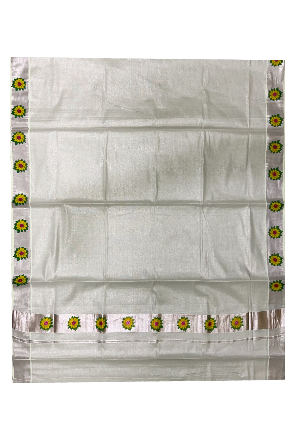 Kerala Silver Tissue Kasavu Saree with Floral Prints on Border and Pallu (Onam 2024 Collection)