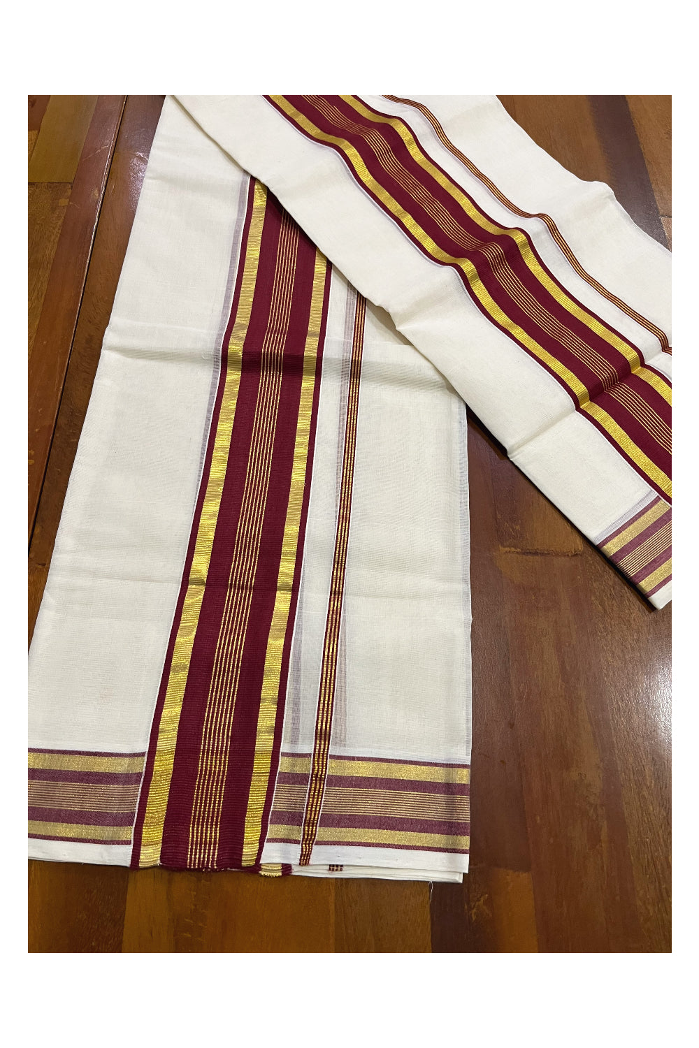 Pure Cotton Handloom Premium Kasavu Set Mundu (Mundum Neriyathum) with Maroon and Kasavu Border