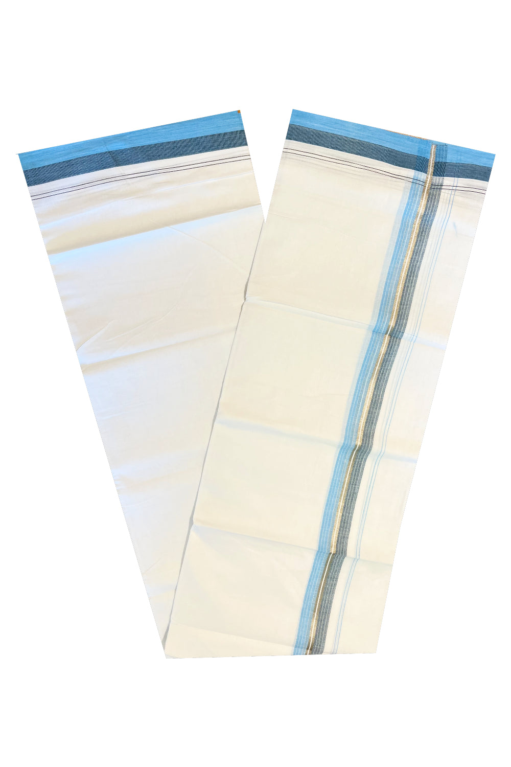 Pure White Cotton Double Mundu with Silver Blue Kara (South Indian Kerala Dhoti)