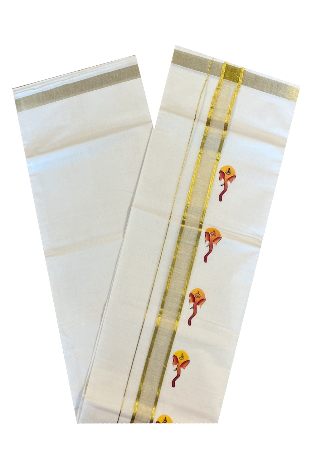 Kerala Pure Cotton Double Mundu with Mural Printed on Kasavu Border