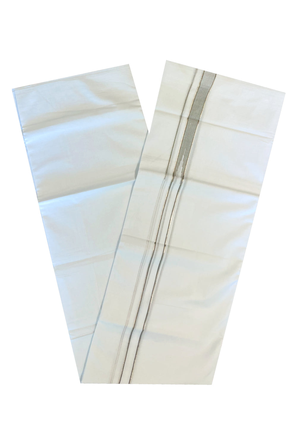 Pure White Cotton Double Mundu with Silver Grey Chutti Kara (South Indian Kerala Dhoti)