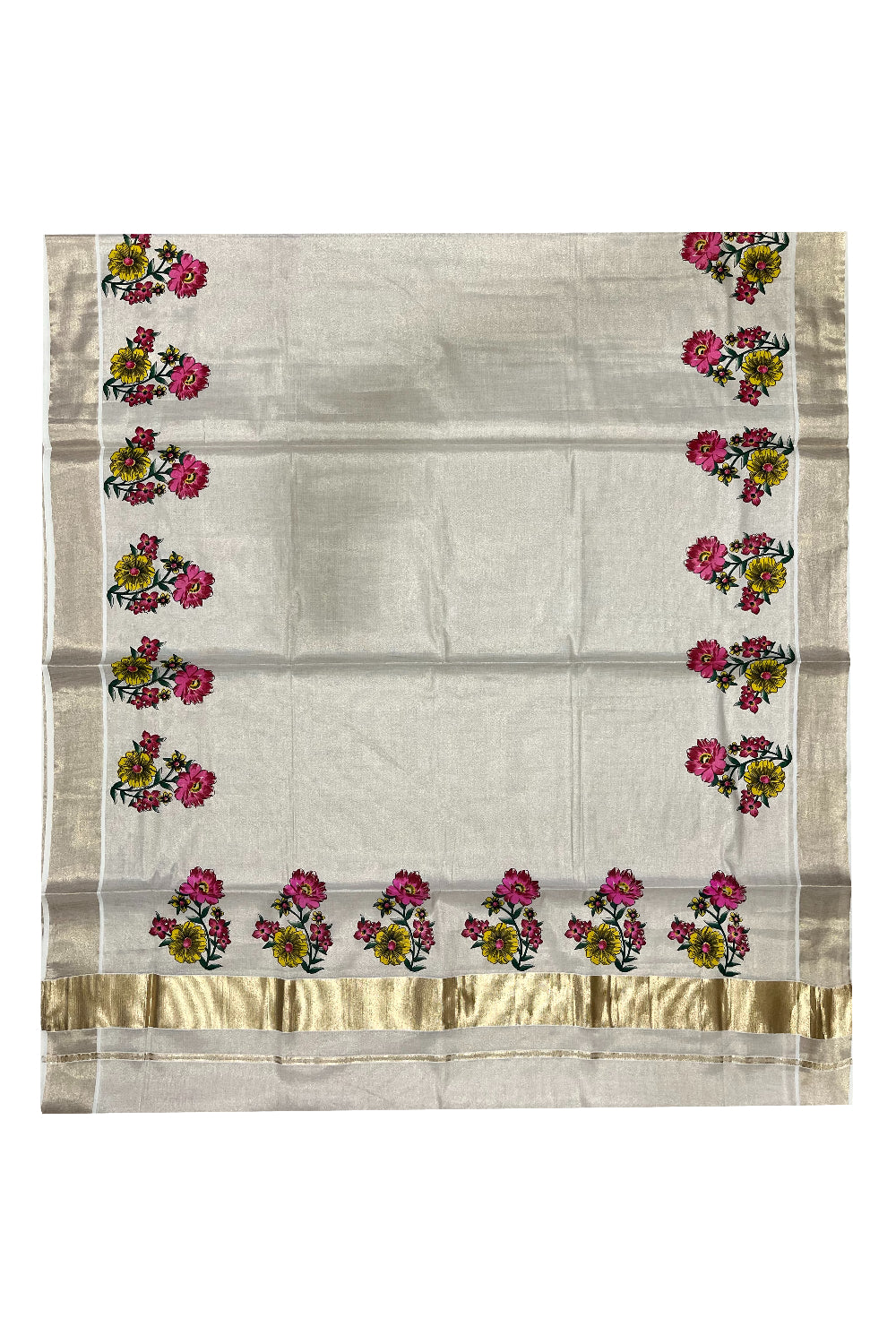 Kerala Tissue Kasavu Saree with Floral Block Printed Designs (Vishu 2024 Collection)