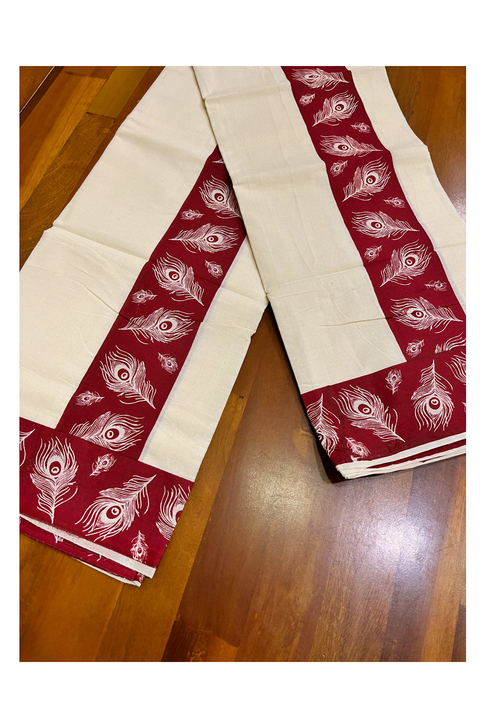 Kerala Cotton Set Mundu (Mundum Neriyathum) with Maroon Feather Block Prints and Seperate Blouse Piece