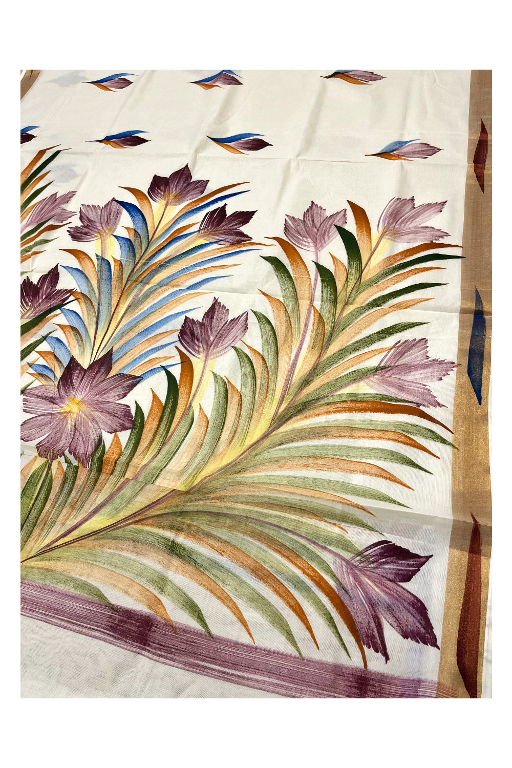 Kerala Cotton Kasavu Saree with Brush Painted Floral Designs