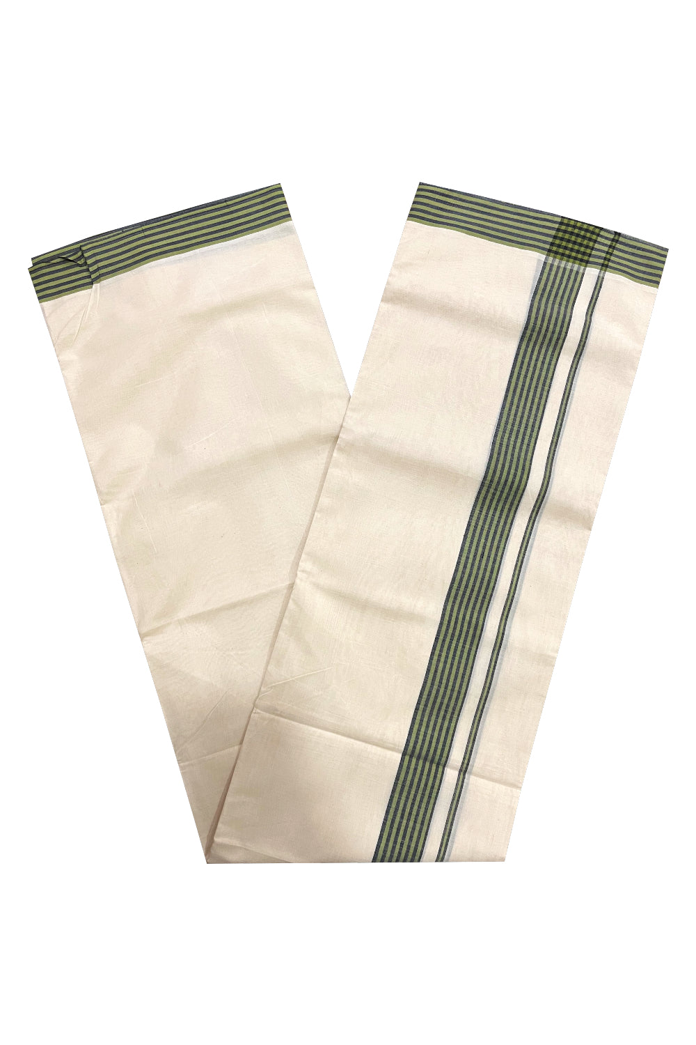 Pure Cotton Off White 100x100 Double Mundu with Green Black Border (South Indian Kerala Dhoti)