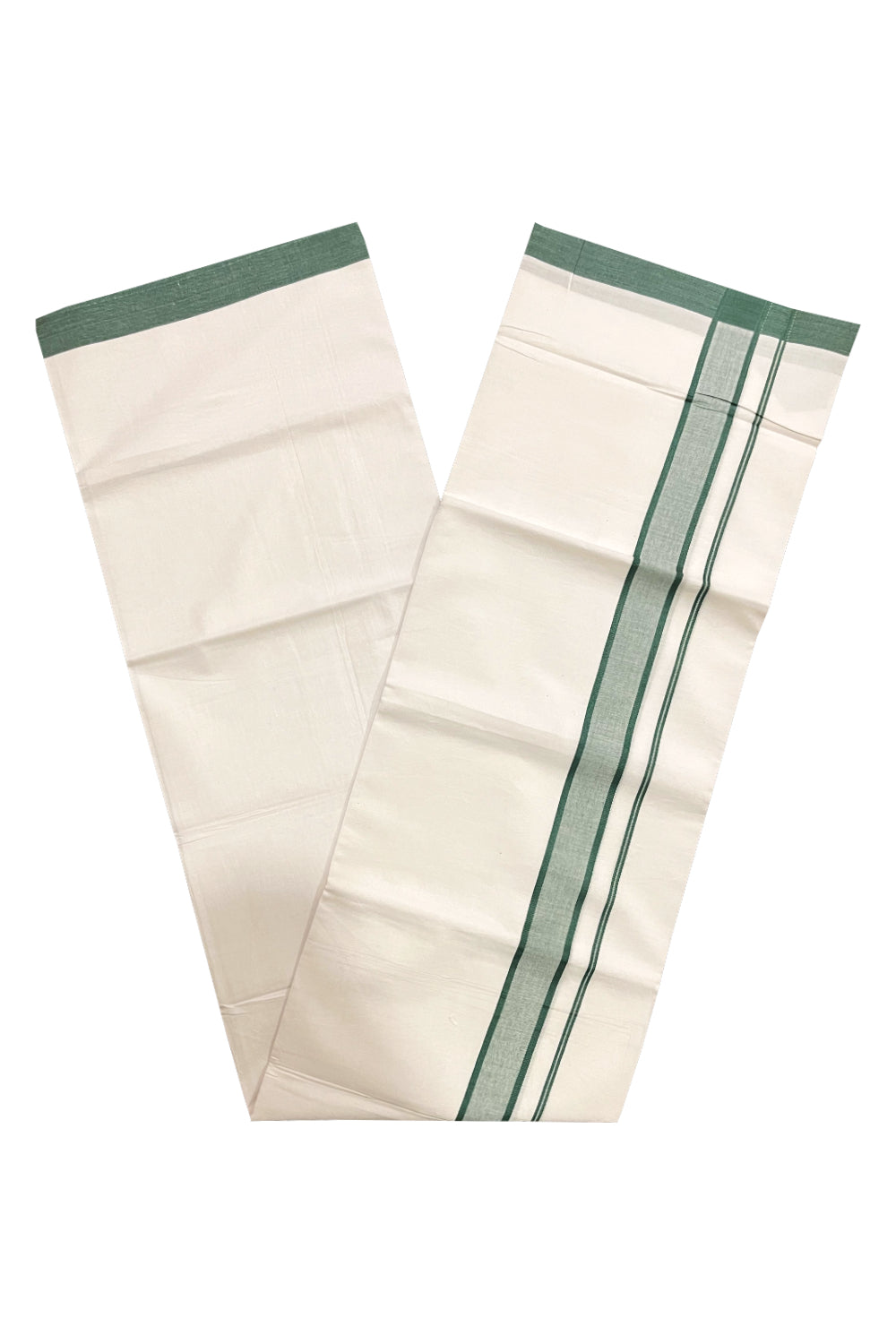 Pure White Cotton Single Mundu (Otta Mundu) with Green Border (South Indian Kerala Dhoti)