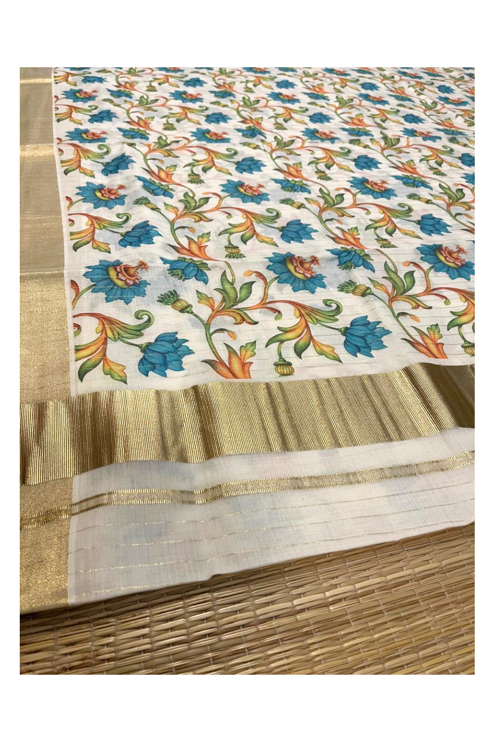 Kerala Cotton Kasavu Lines Saree with Blue Floral Kalamkari Design