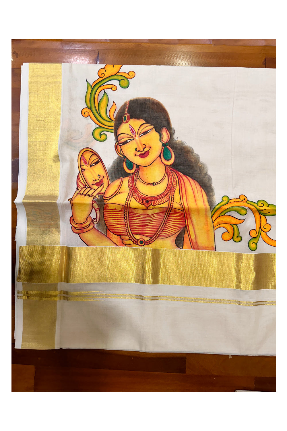 Southloom™ Premium Handloom Kerala Kasavu Saree With Hand Painted Mural Lady Design (Vishu 2024 Collection)