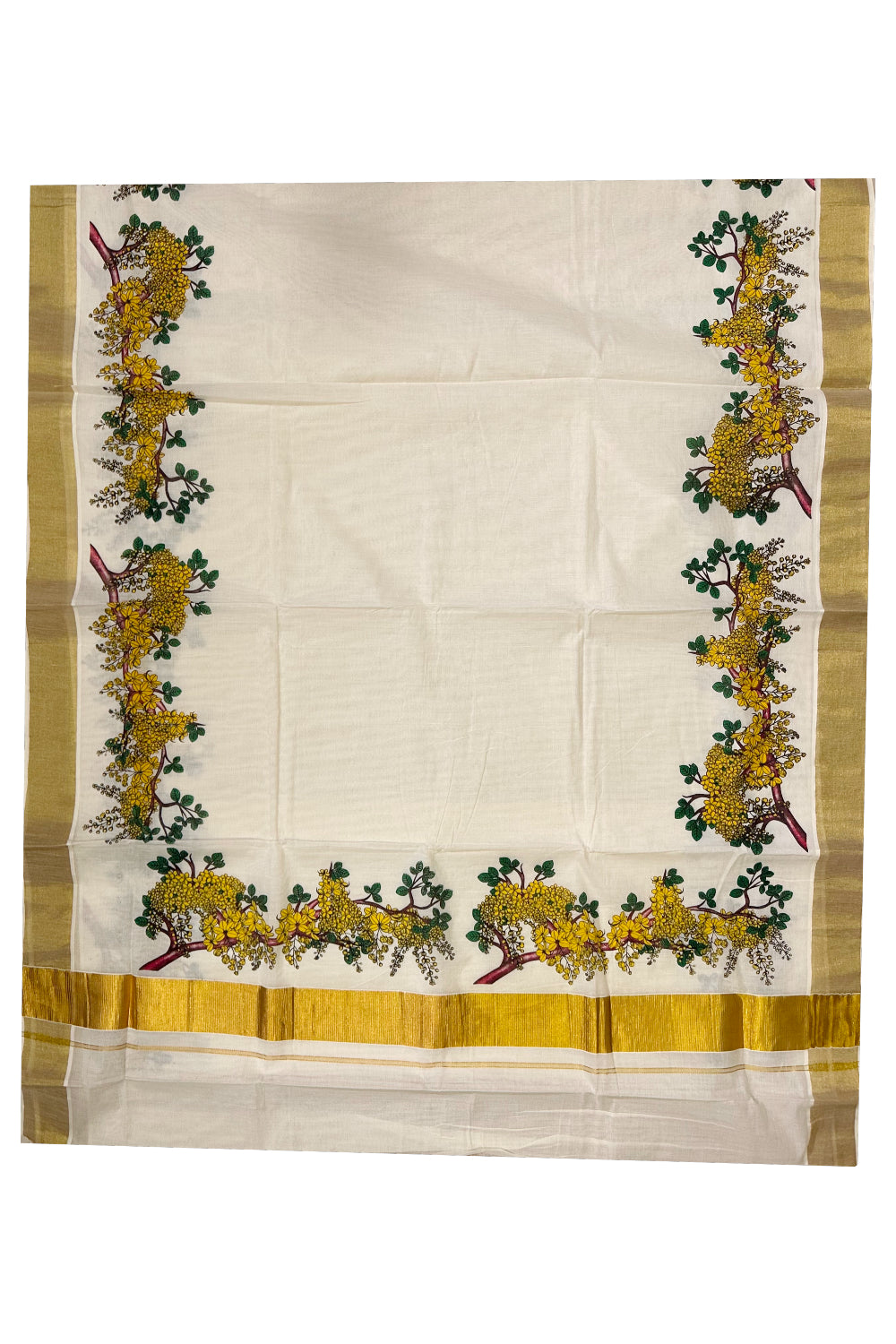 Kerala Cotton Saree with Floral Block Prints and Kasavu Border