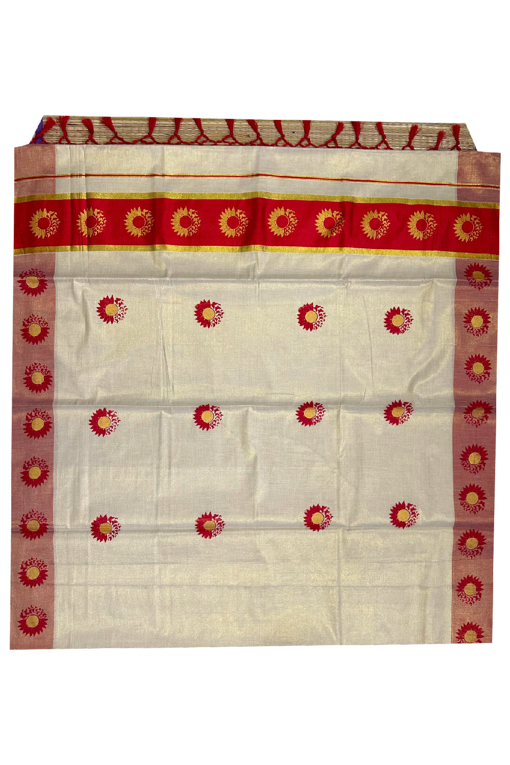 Kerala Tissue Kasavu Saree with Red and Golden Block Prints on Border (Onam Saree 2023)