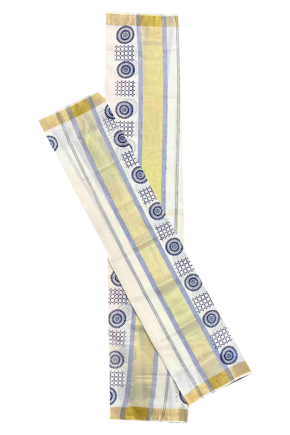 Kerala Cotton Single Set Mundu (Mundum Neriyathum) with Dark Blue Block Prints with Kasavu Border  - 2.80Mtrs