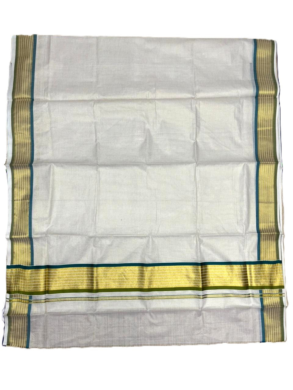 Southloom Kerala Cotton Kasavu Saree with Micro Check Design on Body in Peacock Blue & Olive Green  Border SL451