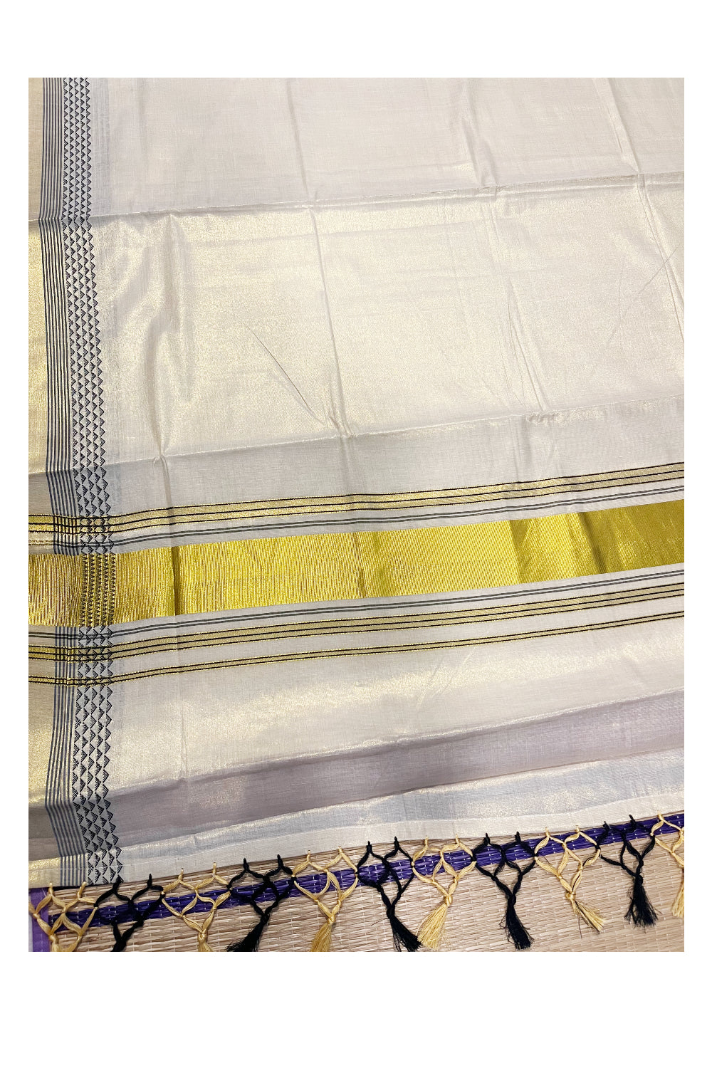 Kerala Tissue Kasavu Saree with Black Designs On Border