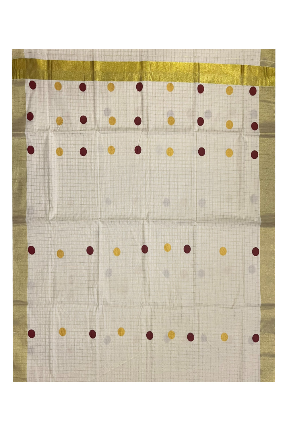 Southloom Micro Check Kasavu Saree with Maroon and Golden Polka Dot Prints Across Body (Onam Saree 2023)